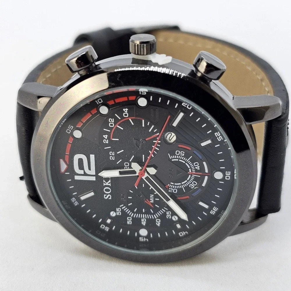 2PC Men's Watch Bracelet Set 45MM Black Dial Date Black‎ Leather Bands Working